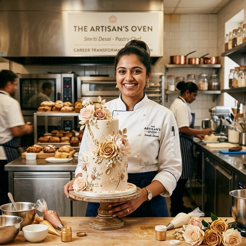Chef presenting a decorated cake at a bakery