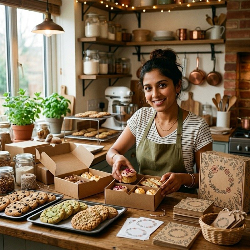 Home bakery business entrepreneur packaging artisanal cakes and cookies after Truffle Nation training