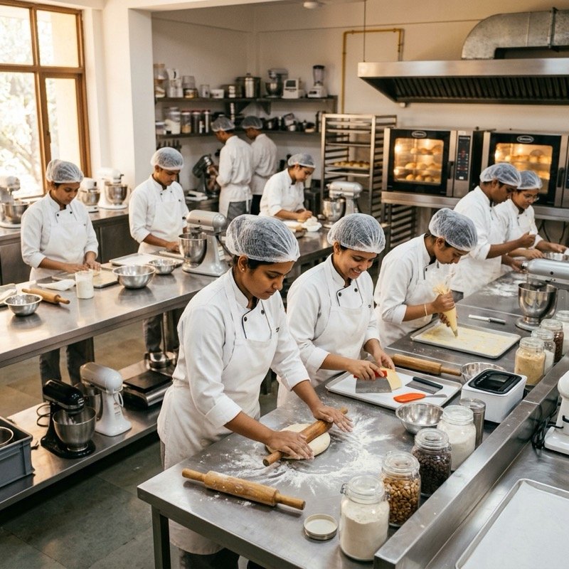 Students learning professional baking at Truffle Nation Pastry Academy Hyderabad campus