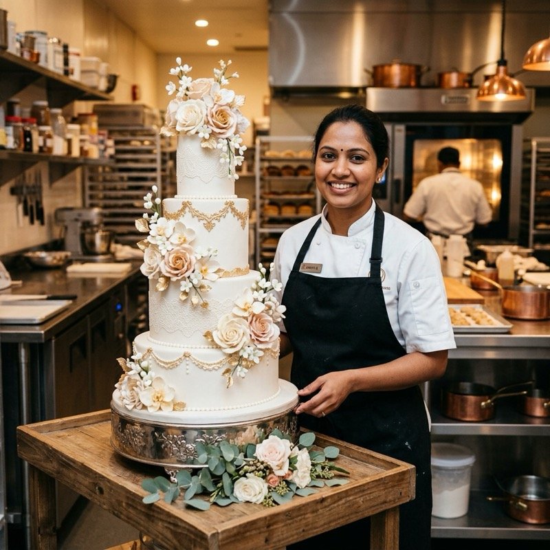 Truffle Nation graduate pastry chef presenting a multi-tier eggless wedding cake in Hyderabad