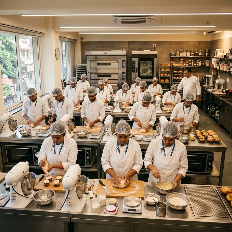 Pastry chef students learning at a professional baking institute in India
